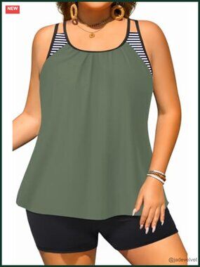 Plus Size Tankini Set with High Waisted Shorts Tummy Control Swimwear